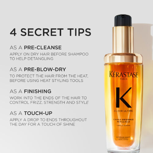 The New Elixir Ultime is a versatile hair oil for all your needs - pre-cleanse, pre-blow dry, finishing touch, and quick touch-ups.